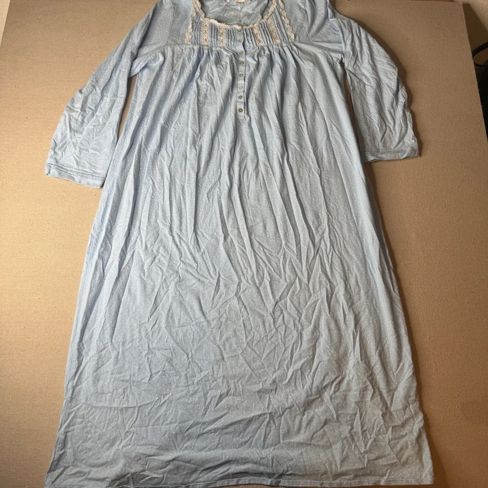 Eileen West Blue Polka Dot 100% Cotton Long Sleeve Nightgown Womens Large